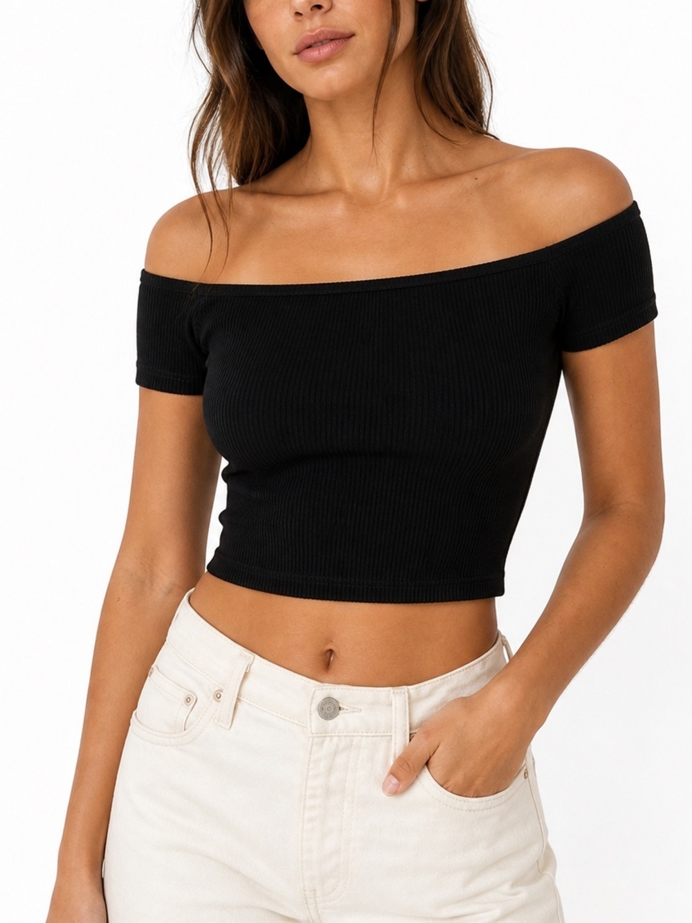 Abound Black Off Shoulder Ribbed Crop Top Size Small